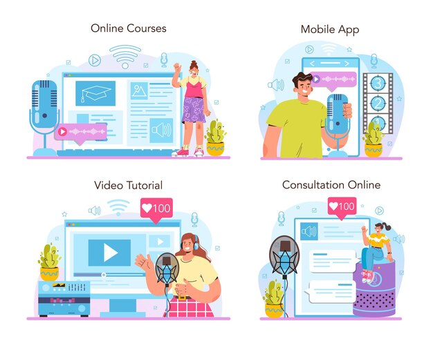 Voiceover online service or platform set. Voice actor dubbing a movie