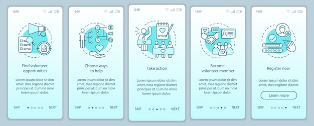 Volunteering onboarding mobile app page screen vector template. Humanitarian help. Volunteer program walkthrough website steps with linear illustrations. UX, UI, GUI smartphone interface concept