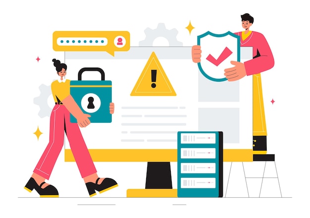 Vulnerability and Threat Management Solutions Vector Illustration featuring Data Breach Security Attack Hacker Fraud and Coding Issues in background
