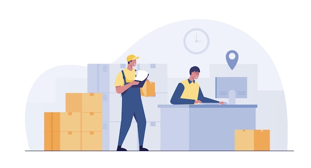 Warehouse workers check the stock of goods to be sent to the customer. Warehouse worker checking boxes. Distribution and Delivery Storage concept.