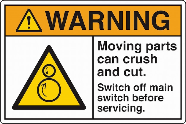 warning signs counter rotating rollers moving parts can crush and cut switch off main switch before
