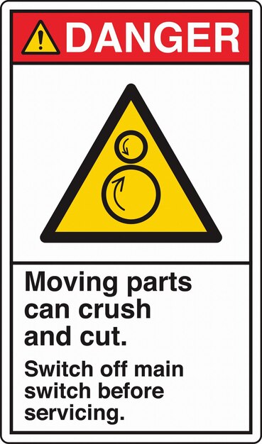warning signs counter rotating rollers moving parts can crush and cut switch off main switch before