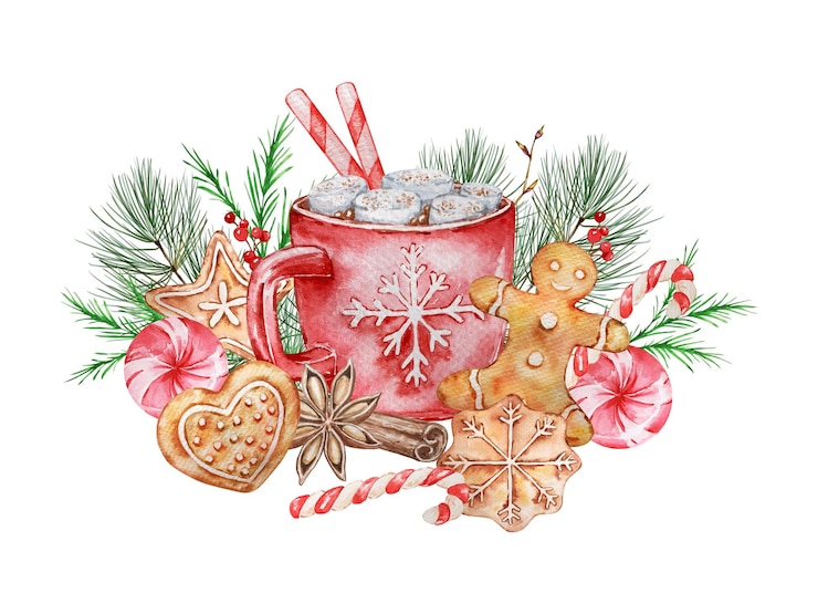Vektori watercolor christmas illustration with cocoa and cookies. hand painted cup of cocoa, marshmallow, gingerbread and cinnamon sticks isolated on white background. holiday cards.