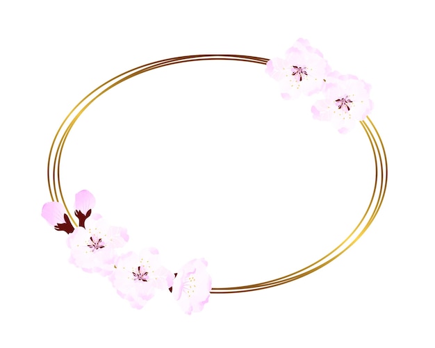 Watercolor frame with soft pink cherry blossom and Golden oval For wedding design textiles ceramics invitations greetings packaging scrapbooking