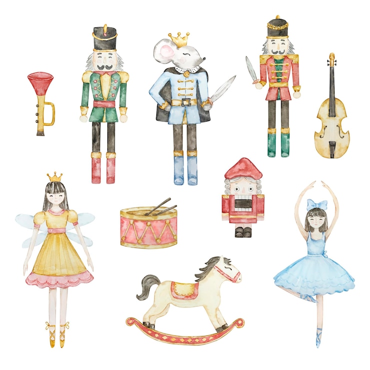 Vektori watercolor nutcracker christmas ballerina fairies soldiers horse and toys
