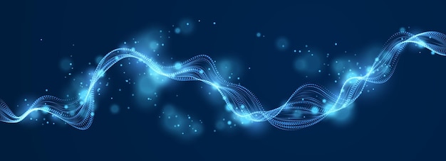 Wave line of flowing particles over dark abstract vector background, smooth curvy shape shining dots fluid array. 3d dots blended mesh, future technology relaxing wallpaper.