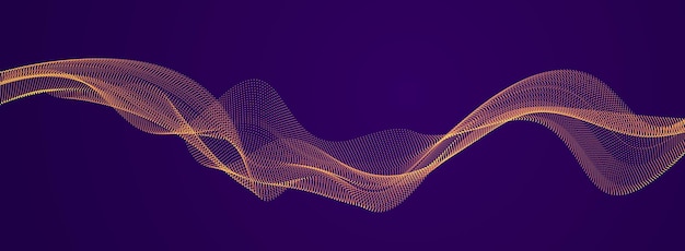 Wave line of flowing particles over dark abstract vector background, smooth curvy shape shining dots fluid array. 3d dots blended mesh, future technology relaxing wallpaper.