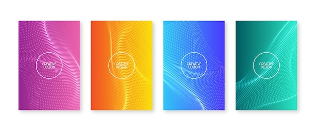 Wavy dots cover set. Fluid gradients with blurry waves. Abstract flyer design. Modern liquid color poster collection. 