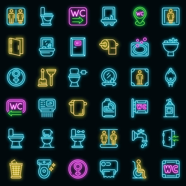 wc icons set. outline set of wc vector icons neon color on black