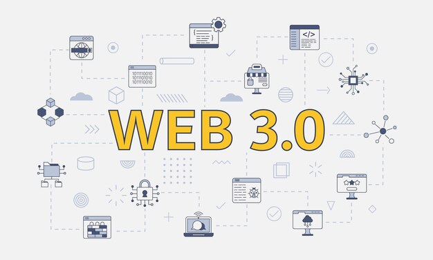 Web 3.0 konsepti kuvakesarjalla, mallipohjalla ja modernilla sinisellä värityylillä