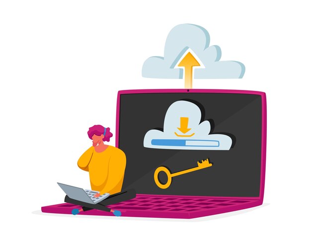 web and cloud hosting concept. tiny female character sitting on huge laptop with key on screen