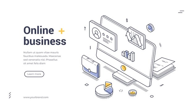 web banner template for online business showcasing isometric design and vector illustrations