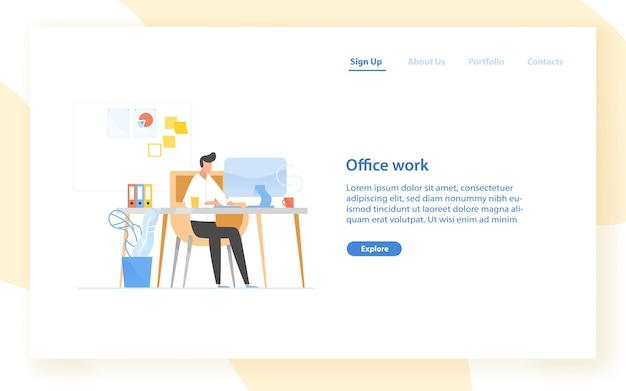 Web banner template with programmer or coder sitting at desk and working. Office work in software development, programming or program coding. Modern flat vector illustration for advertisement.