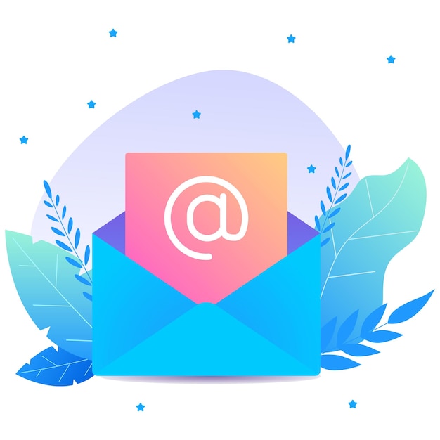 Web banner with blue email and letter decorated by leafs and stars