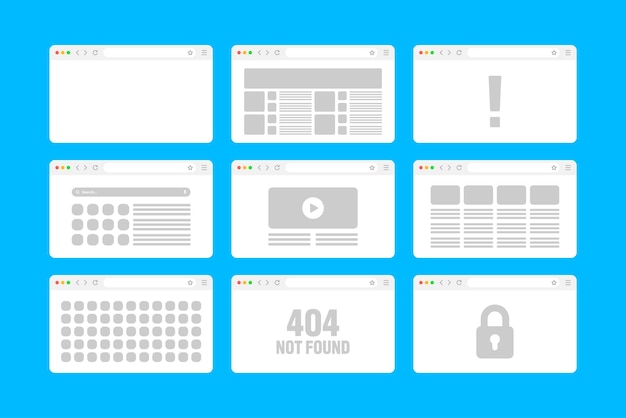 Web browser window pages layout with toolbar and search field modern website internet page in flat