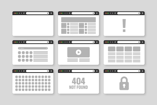 Web browser window pages layout with toolbar and search field modern website internet page in flat