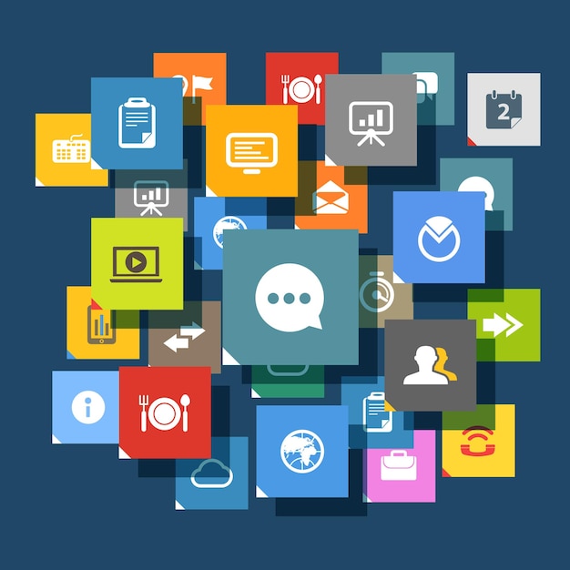 Web color tile interface template with modern business and social media icons Flat design interface icons concept