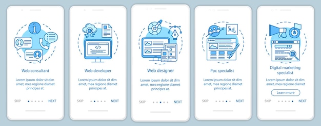Web consulting onboarding mobile app page screen vector template. Website development. Digital marketing. Walkthrough website steps with linear illustrations. UX, UI, GUI smartphone interface concept