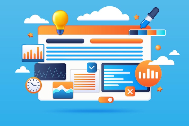 Web design 3D UI render graphic Website software Internet interface creating Digital developers Computer webpage Browser window redesign for marketing Vector illustration concept