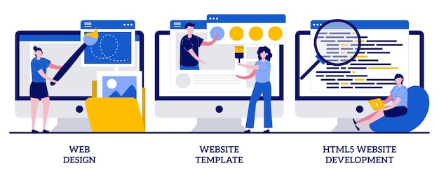 Web design, website template, HTML5 development concept with tiny people. Website building service abstract  illustration set. Landing page, interface, user experience, constructor platform.