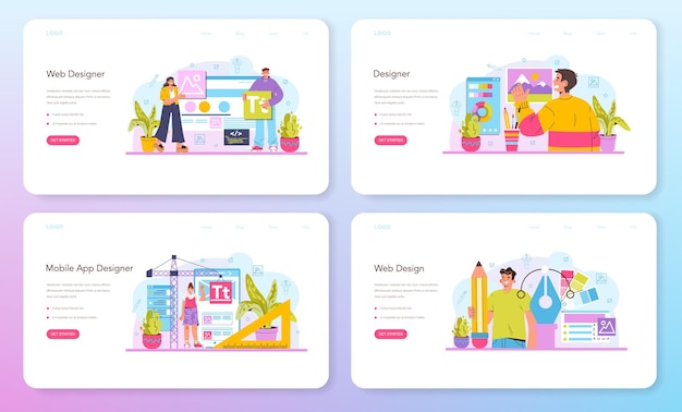 Web designer web banner or landing page set. Interface and content