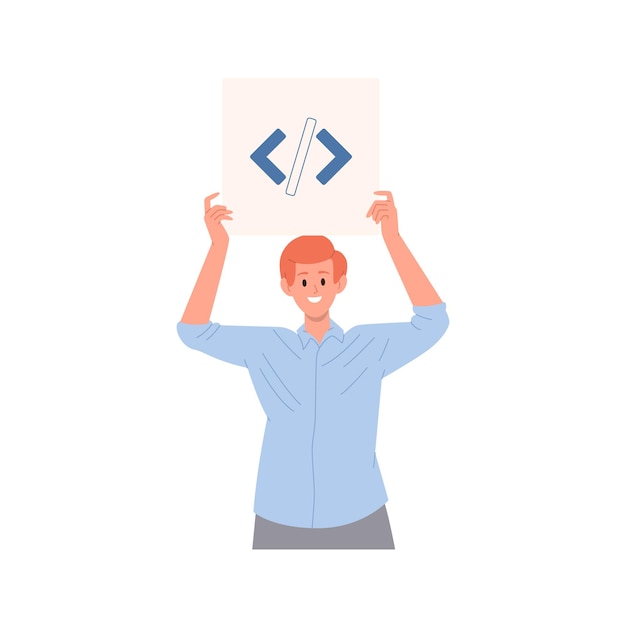 Web developer cartoon male character showing innovative programming code banner standing isolated on white background Vector illustration of creative man employee geek worker developing website