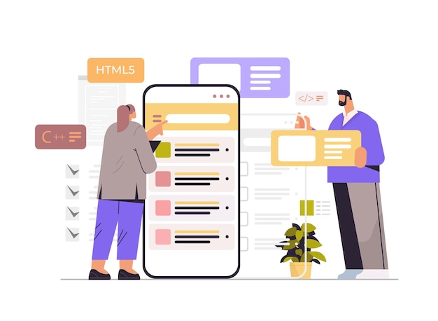 web developers couple creating program code on smartphone screen development of software and programming concept full length horizontal vector illustration