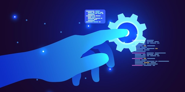 Web development coding and programming futuristic banner Hand touching computer code
