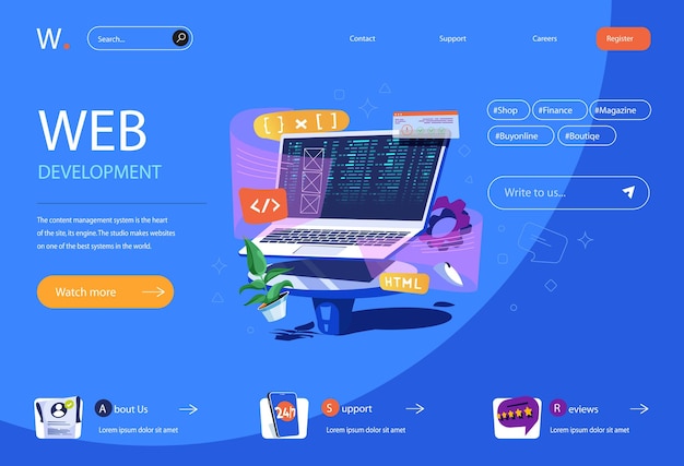 Web development concept in flat cartoon design for homepage layout Programming and working with code creating layouts and construct software Vector illustration for landing page and web banner