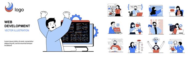 Web development concept with character situations mega set in flat design Bundle of scenes people creating websites and homepages programming projects and working with code Vector illustrations