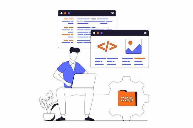 Web development concept with people scene in flat outline design