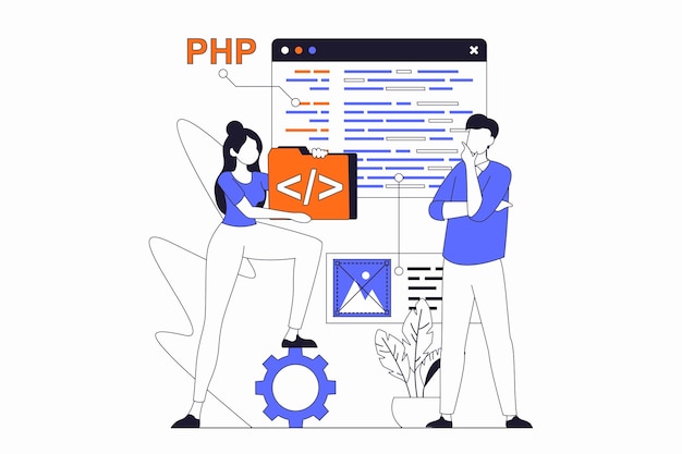 Web development concept with people scene in flat outline design