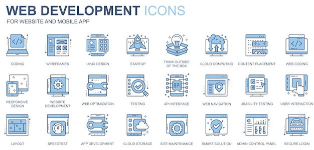 Web development icons set in duotone line design Pack of coding ui ux startup cloud computing content placement optimization api interface other outline stroke pictograms Vector illustration