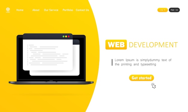 Web development illustration. Working on laptop. Flat design concepts for analysis, coding, programming, programmer and developer. Vector on isolated background. EPS 10