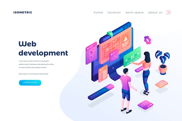 Web development landing page vector template Software engineering coding website homepage interface idea with isometric illustration Programming script writing webpage 3D cartoon concept