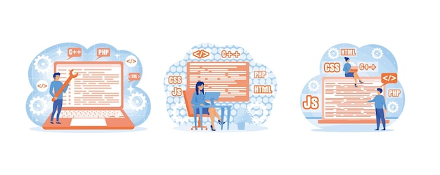 Web development Programming and engineering development Programmer or developer create code programming language Set flat vector modern illustration