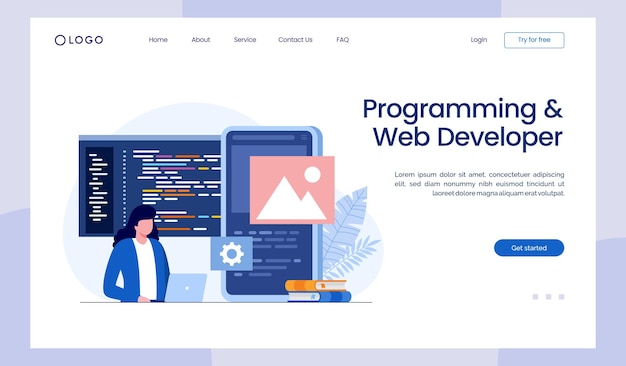 Web development programming languages css html it ui programmer cartoon character developing website coding flat illustration banner landing page template