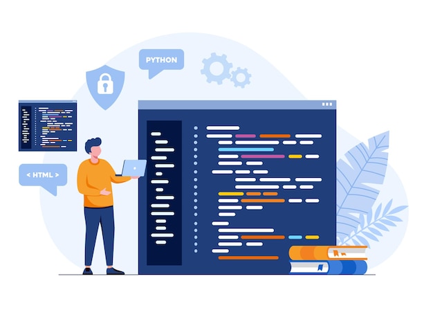 Web development programming languages css html it ui programmer cartoon character developing website coding flat illustration banner