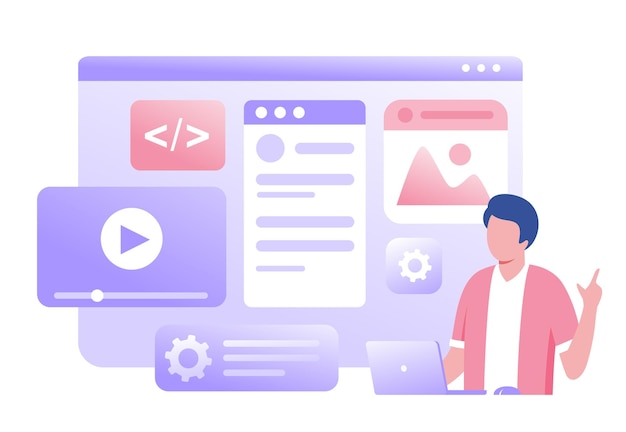 Web development programming languages css html it ui programmer cartoon character developing website coding flat vector illustration banner for website