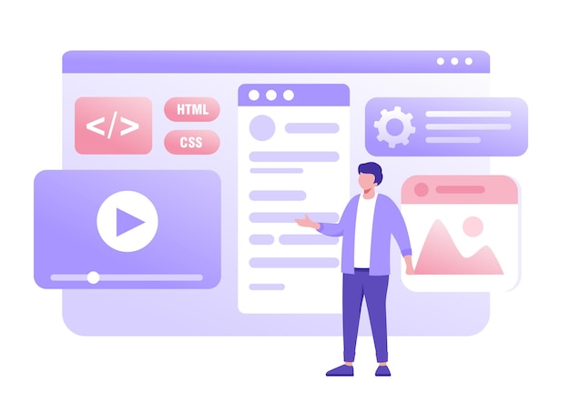 Web development programming languages css html it ui programmer cartoon character developing website coding flat vector illustration banner for website