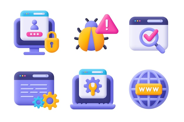 Web development SEO coding and programming 3d vector icon set Cartoon minimal style