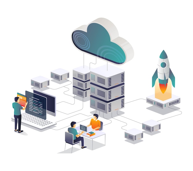 Web development team discussion and launch rocket