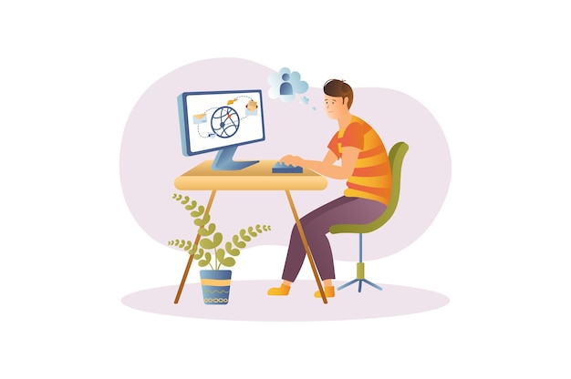 WEB elements concept with people scene in the flat cartoon design Man serf on the Internet