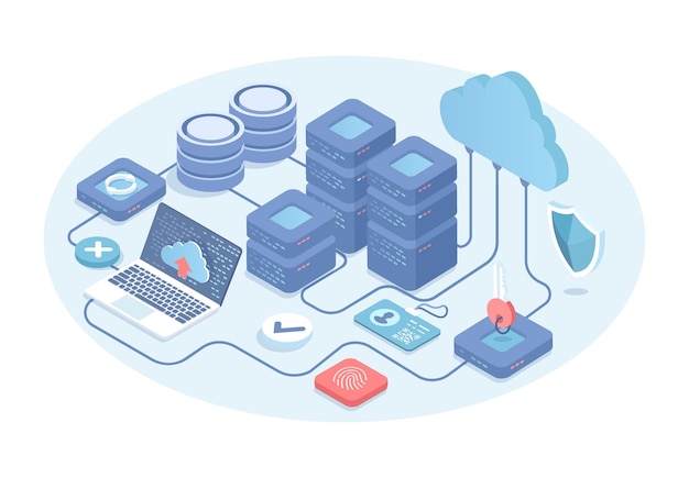 Web hosting service with servers computer cloud Big data processing concept cloud database Vect