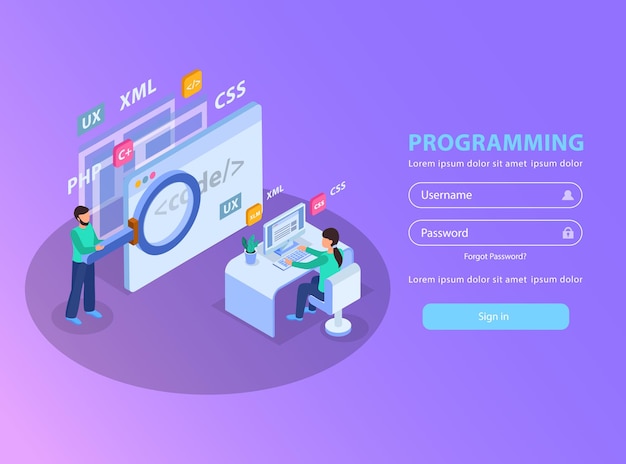 Web-kehityksen isometrinen konseptikuvitus