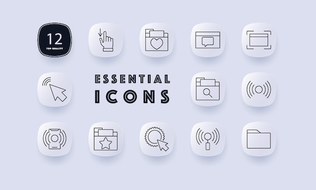 Web navigation set icon Click function file organization messaging interface responsive design cursor interaction file search web accessibility network signals communication settings