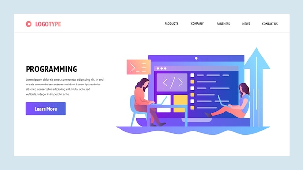 Web site onboarding screens Programmers coding software application Menu vector banner template for website and mobile app development Modern design linear art flat illustration