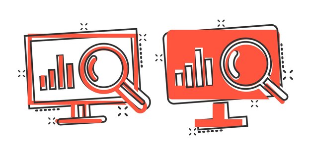 Website analytics icon in comic style SEO data cartoon vector illustration on white isolated background Computer diagram splash effect business concept