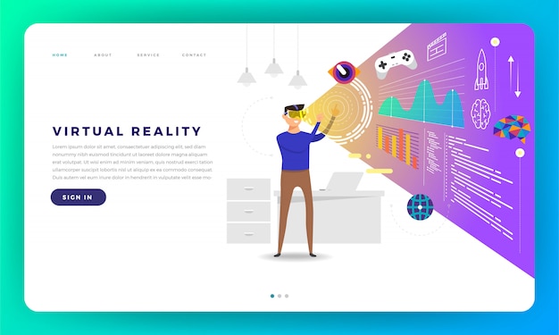   website   concept virtual Reality platform (VR). The man standup with VR Glasses play content inside.  illustration.