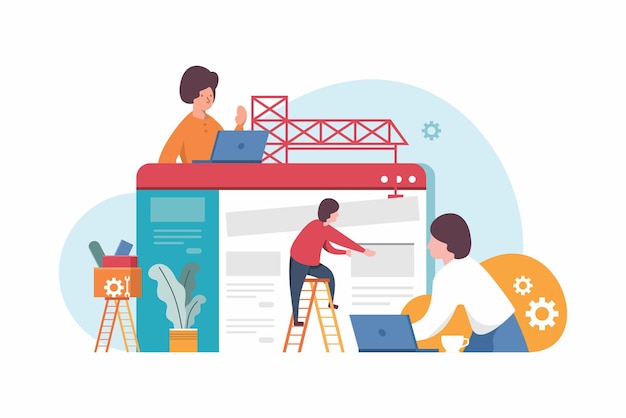 Website construction web design concept illustration in flat style People working on website